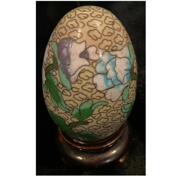 Antique Cloisonne Egg: Vintage with smooth surface &  wooden base 1700s-1800s - Picture 6 of 7